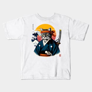 Vaporwave Samurai Cat Great Wave Off Kanagawa Kids T-Shirt